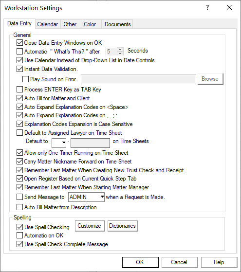 Workstation Settings - Data Entry Tab