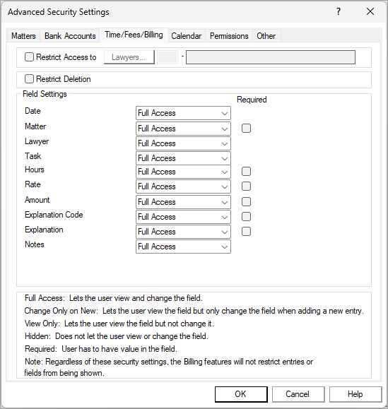 Security options for time entries, fees, and billing