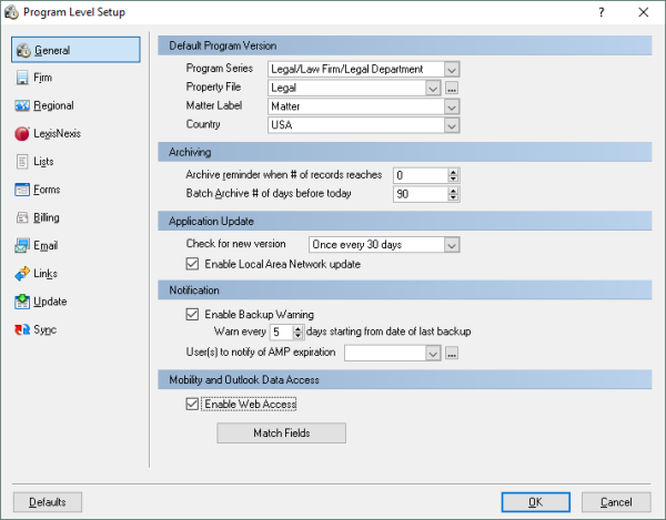 Program level setup